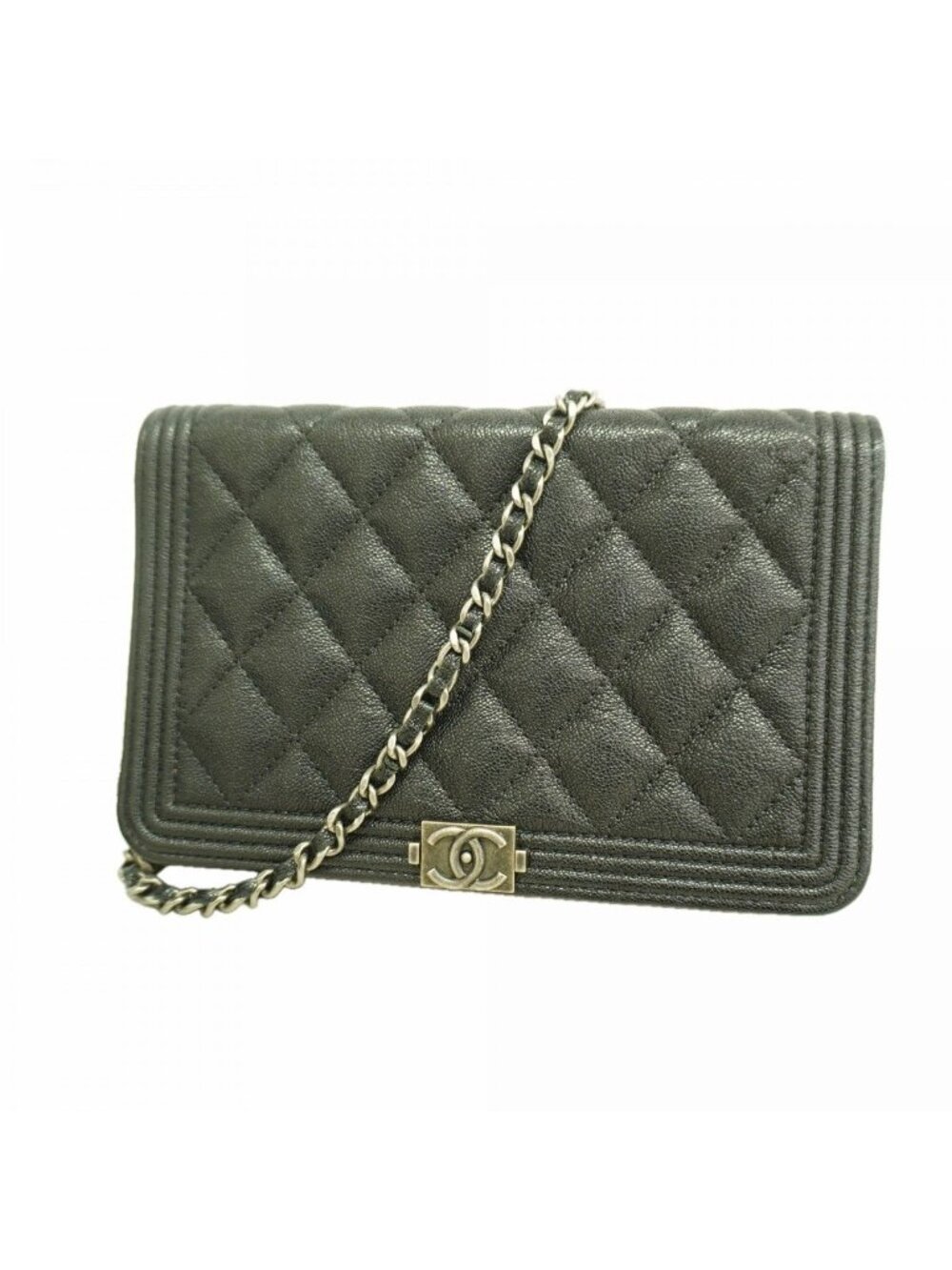 Chanel Shoulder Wallet Boy Caviar Leather Black Silver